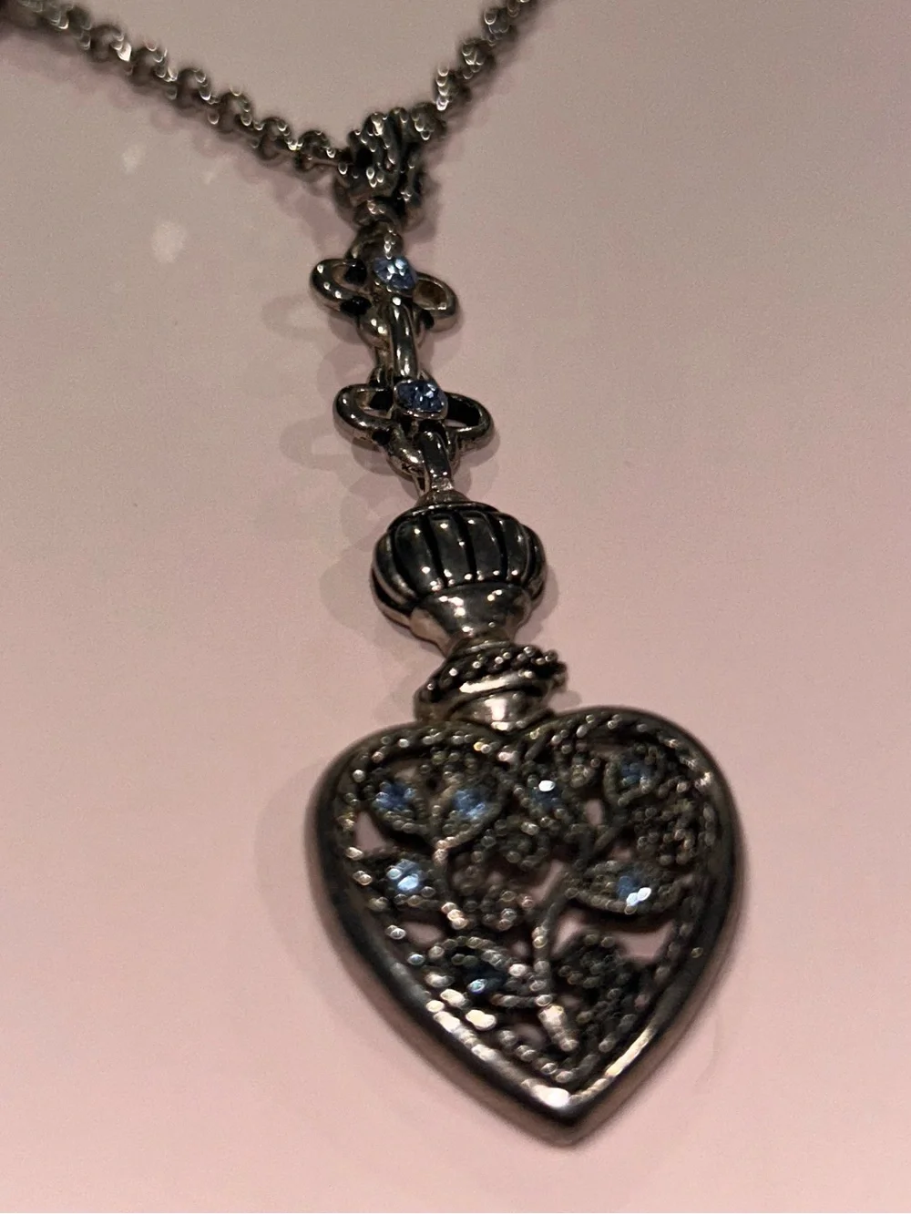 Silver Heart Pendant Necklace with blue Crystal Accents